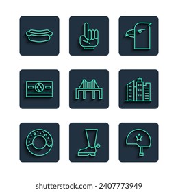 Set line Donut, Cowboy boot, Military helmet, Eagle head, Golden gate bridge, Stacks paper money cash, Hotdog sandwich and City landscape icon. Vector