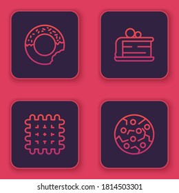 Set line Donut, Cracker biscuit, Piece of cake and Cookie or. Blue square button. Vector