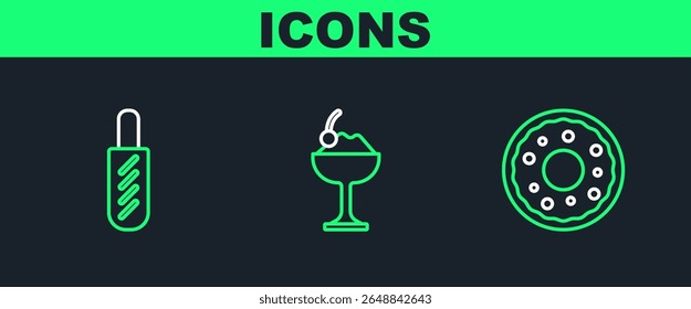 Set line Donut, Hotdog sandwich and Ice cream in bowl icon. Vector