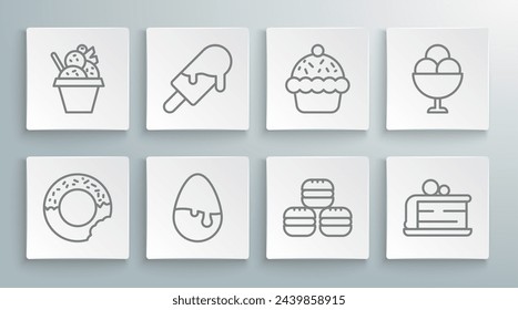 Set line Donut, Ice cream, Chocolate egg, Macaron cookie, Piece of cake, Cupcake, in bowl and  icon. Vector