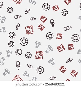 Set line Donut, Ice cream, Coffee cup to go and Online ordering food on seamless pattern. Vector