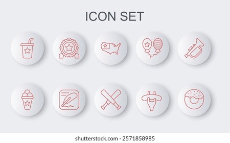 Set line Donut, Ice cream in waffle cone, USA map, Sausage the fork, Paper glass with straw, Medal star, Declaration of independence and Crossed baseball bat icon. Vector