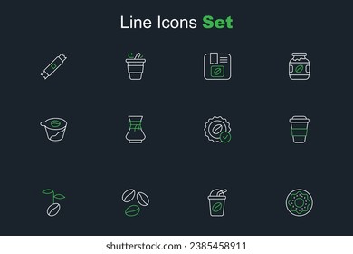 Set line Donut, Iced coffee, Coffee beans, cup to go, Medal for, Pour over maker and  icon. Vector