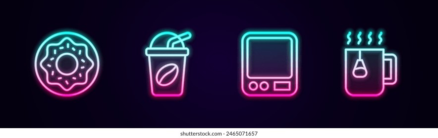 Set line Donut, café helado, básculas Electrónicas y taza de té con bolso. Icono de neón brillante. Vector