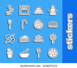 Set line Donut, Lollipop, Cake, with burning candles, Christmas candy cane, Spatula, Macaron cookie and  icon. Vector