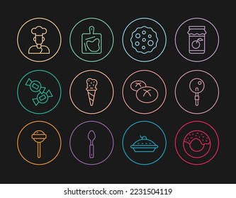 Set line Donut, Lollipop, Cookie or biscuit, Ice cream in waffle cone, Candy, Bread loaf and Cutting board icon. Vector