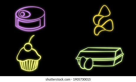 Set line Donut, Milkshake, Cupcake and Cookie or biscuit. Glowing neon icon on brick wall. Vector