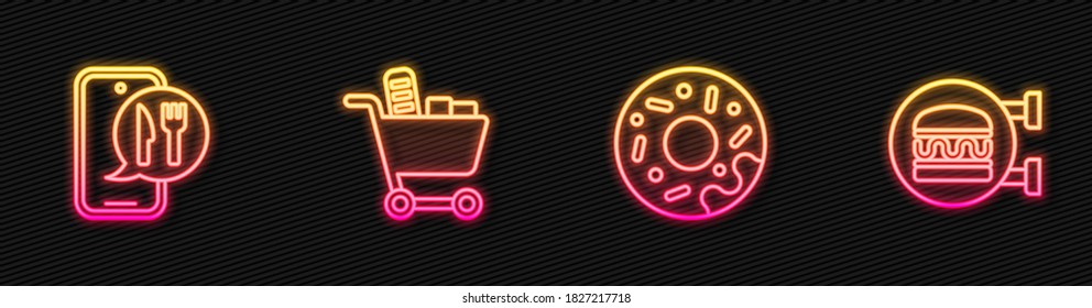 Set line Donut, Online ordering and delivery, Shopping cart food and burger. Glowing neon icon. Vector