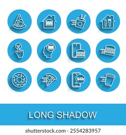 Set line Donut, Online ordering pizza delivery, Slice of, Food, Coffee cup to go, and, burger and  icon. Vector