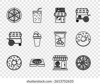 Set line Donut, Pizza, Pizzeria building facade, cardboard box, Ice cream,  and  icon. Vector