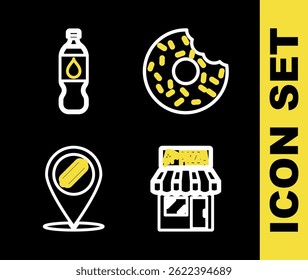 Set line Donut, Pizzeria building facade, Location with hotdog and Bottle of water icon. Vector
