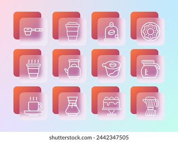 Fijar línea Donut, Verter sobre la cafetera, Pastel, Hervidor de agua con mango, Frijoles de bolsa, Soporte de filtro de café y taza para ir icono. Vector