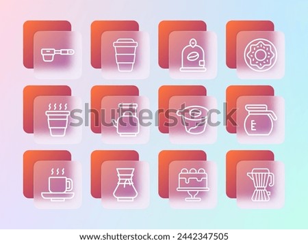 Set line Donut, Pour over coffee maker, Cake, Kettle with handle, Bag beans, Coffee filter holder and cup to go icon. Vector