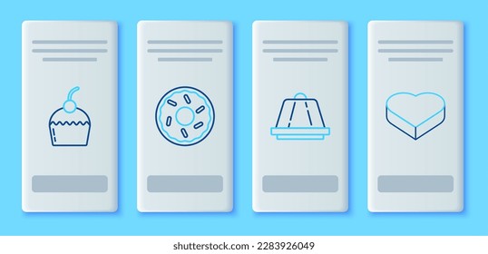 Fija la línea Donut, crema para pudding, pastel y el icono de la caja con forma de corazón de canto. Vector