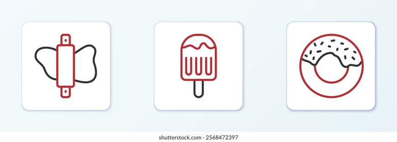 Set line Donut, Rolling pin dough and Ice cream icon. Vector