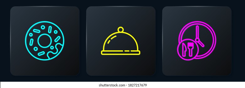 Set line Donut, Round the clock delivery and Covered with a tray of food. Black square button. Vector