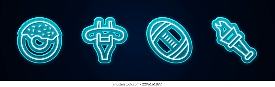 Set line Donut, Sausage the fork, American Football ball and Torch flame. Glowing neon icon. Vector