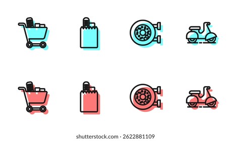 Set line Donut, Shopping cart and food, Online ordering delivery and Scooter icon. Vector
