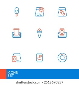 Set line Donut, Soda can, Online ordering food, Food mobile, Ice cream waffle, fish and  icon. Vector