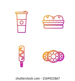 Set line Donut with sweet glaze, Ice cream, Paper glass and water and Sandwich. Gradient color icons. Vector