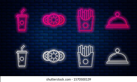 Set line Donut with sweet glaze, Potatoes french fries in carton package box, Paper glass with drinking straw and water and Covered with a tray of food. Glowing neon icon on brick wall. Vector