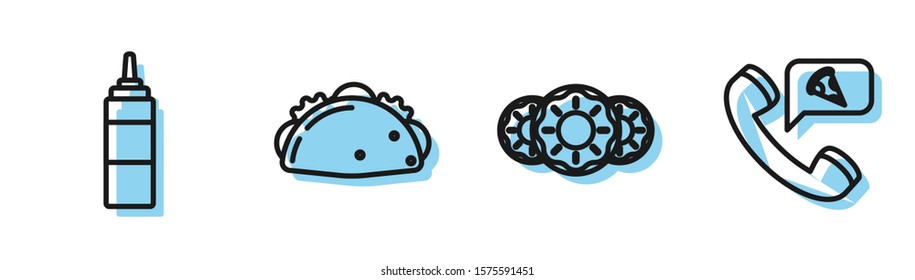 Set line Donut with sweet glaze, Sauce bottle, Taco with tortilla and Food ordering pizza icon. Vector