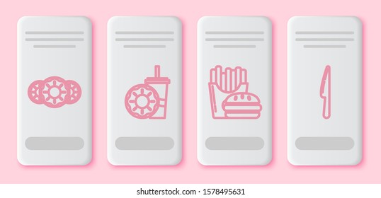 Set line Donut with sweet glaze, Paper glass with drinking straw and donut, Burger and french fries in carton package box and Knife. White rectangle button. Vector