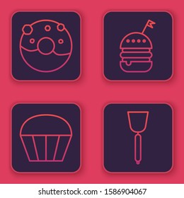 Set line Donut with sweet glaze , Muffin , Burger  and Spatula . Blue square button. Vector