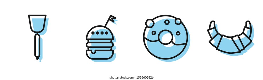 Set line Donut with sweet glaze , Spatula , Burger  and Croissant  icon. Vector