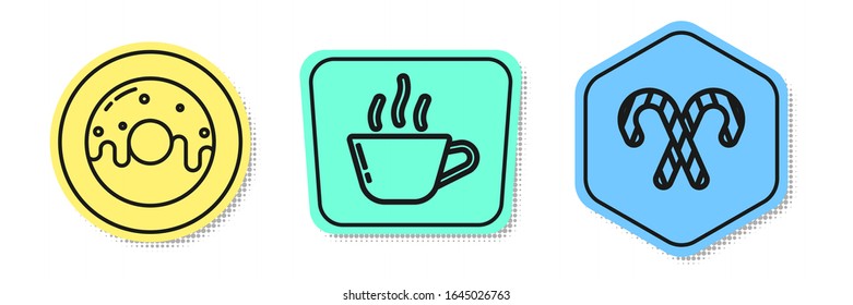 Set line Donut with sweet glaze, Coffee cup and Christmas candy cane with stripes. Colored shapes. Vector