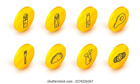 Fijar la línea Donut con acristalamiento dulce, pierna de pollo, tortilla de taco, tenedor, huevos revueltos, botella de agua, kebab de Doner e ícono. Vector