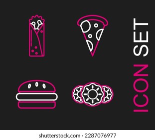Set line Donut with sweet glaze, Burger, Slice of pizza and Doner kebab icon. Vector