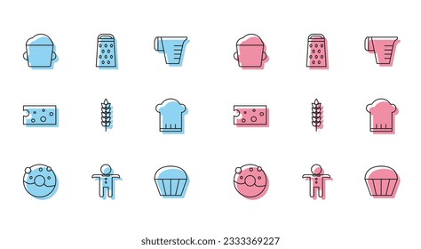 Set line Donut with sweet glaze, Holiday gingerbread man cookie, Bakery bowl dough, Muffin, Cereals rice, wheat, corn, oats, rye, Chef hat, Cheese and Grater icon. Vector