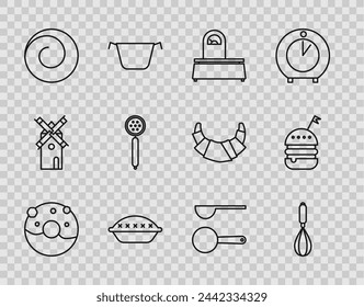 Set line Donut with sweet glaze, Kitchen whisk, Scales, Homemade pie, Roll bun cinnamon, Strainer spoon, Measuring and Burger icon. Vector