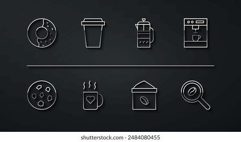 Set line Donut mit süßer Glasur, Keks oder Keks, Kaffeemaschine, Tasche Kaffeebohnen, Tasse und Herz, zu gehen, Auswahl und Französisch Presse Ikone. Vektorgrafik