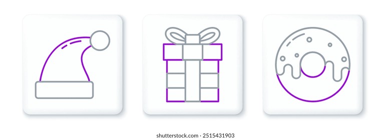 Set line Donut with sweet glaze, Christmas Santa Claus hat and Gift box icon. Vector