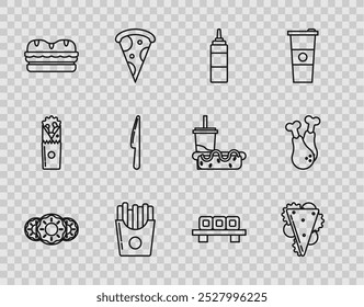 Set line Donut with sweet glaze, Sandwich, Sauce bottle, Potatoes french fries in carton package box, Knife, Sushi cutting board and Chicken leg icon. Vector