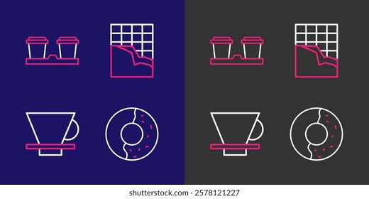 Set line Donut with sweet glaze, V60 coffee maker, Chocolate bar and Coffee cup to go icon. Vector