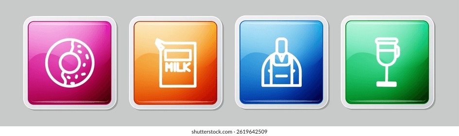 Set line Donut with sweet glaze, Paper package for milk, Barista and Irish coffee. Colorful square button. Vector