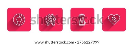 Set line Donut with sweet glaze, Medal for coffee, Electric grinder and Coffee Lovers with long shadow. Red square button. Vector