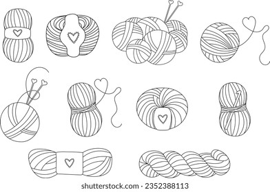 Set of line doodle yarn balls and skeins for knitting and crocheting. 