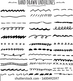 Set of Line Doodles, Scribble, Underlines.Set of Underline Strokes in Doodle Style Various Shapes