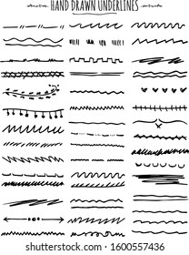 Set of Line Doodles, Scribble, Underlines.Set of Underline Strokes in Doodle Style Various Shapes