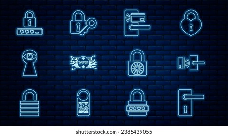 Set line Door handle, Digital door lock with wireless, VPN microchip circuit, Keyhole eye, Password protection, Safe combination wheel and Lock key icon. Vector