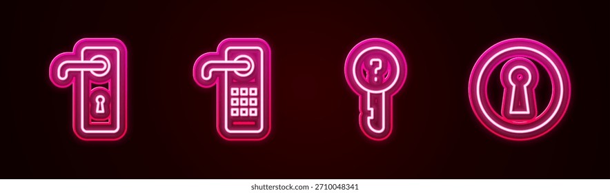 Fije la manija de la puerta de la línea, cerradura de puerta de Digitaces, llave indefinida y Keyhole. Icono de neón brillante. Vector