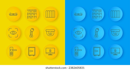 Set line Door handle, Eye scan, Police electric shocker, Lock on computer monitor, Motion sensor, Flasher siren, Garden fence wooden and Binary code icon. Vector