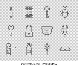 Set-Line-Türgriff, Flasher Sirren, Alte Taste, Feuerlöscher, Bullet, Open Padlock, Magnifying Glas Search and Lock-Icon. Vektorgrafik