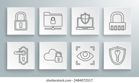 Set line Door handle, FTP folder lock, Cloud computing, Eye scan, Shield with key, Laptop protected shield, Safe combination and Lock icon. Vector