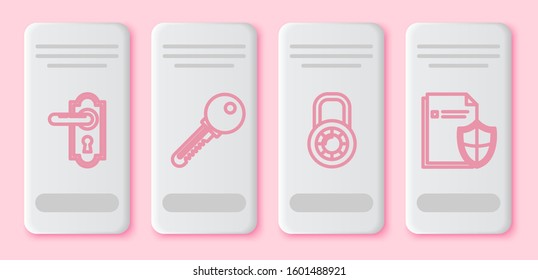 Set line Door handle , Key , Safe combination lock wheel  and Document protection concept . White rectangle button. Vector