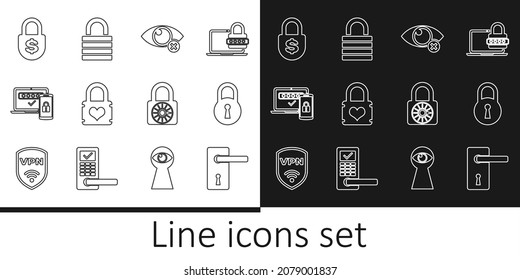 Set line Door handle, Lock, Invisible hide, Padlock with heart, Two steps authentication, Money, Safe combination wheel and  icon. Vector